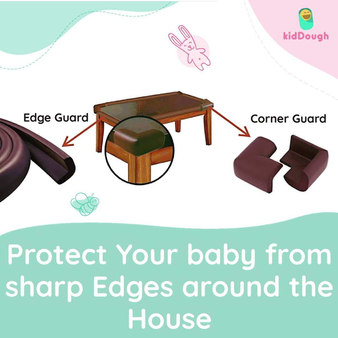 KidDough Nitrile Foam Baby Proofing Safety Strip And Corner Guard | Extra Thick Safety Soft Cushion Edge Corner Protector Guard |Corner Protector (2 Mtrs Roll + 4 Guards) - 2Metre Brown Safety Strp+ 4 Corner Guard