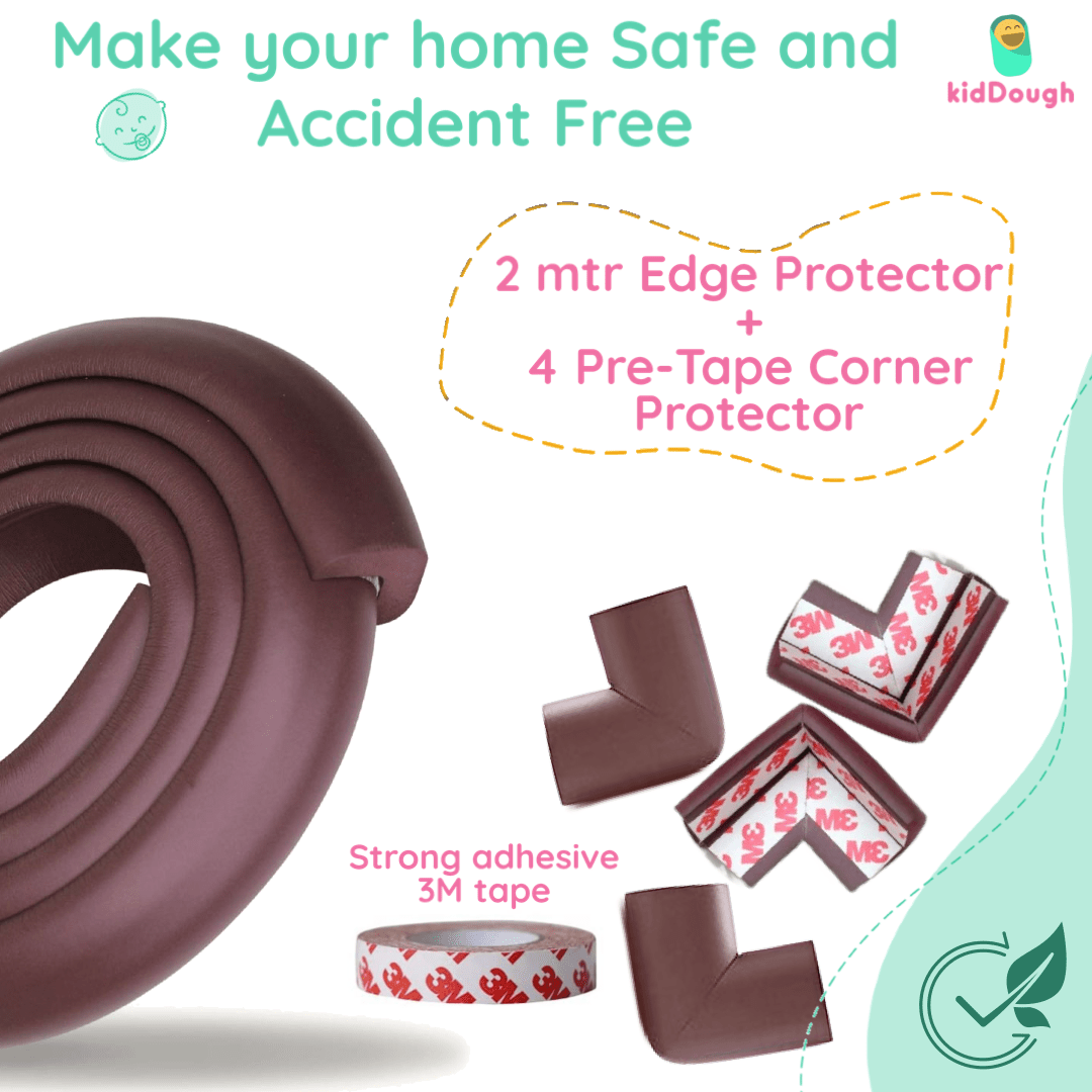 KidDough Nitrile Foam Baby Proofing Safety Strip And Corner Guard | Extra Thick Safety Soft Cushion Edge Corner Protector Guard |Corner Protector (2 Mtrs Roll + 4 Guards) - 2Metre Brown Safety Strp+ 4 Corner Guard