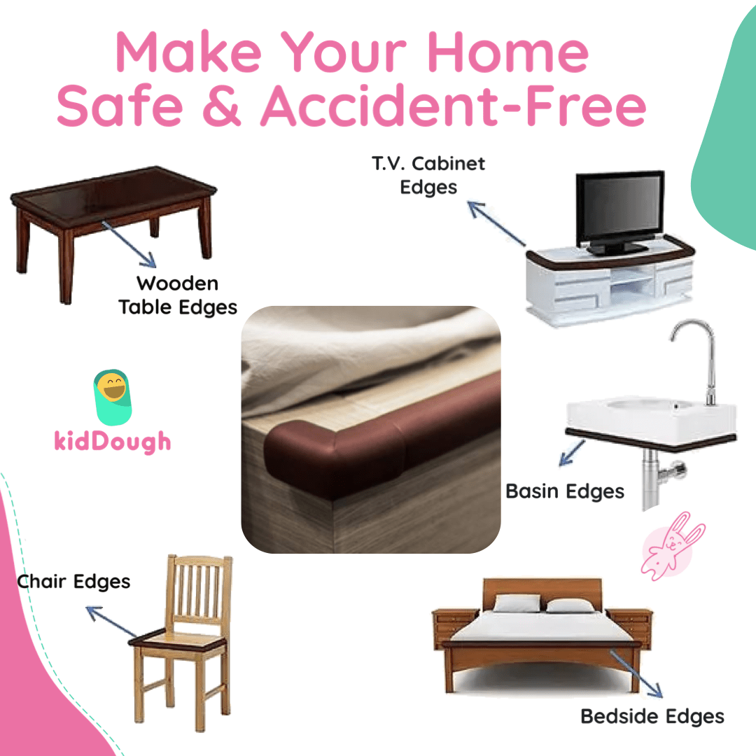 KidDough Nitrile Foam Baby Proofing Safety Strip And Corner Guard | Extra Thick Safety Soft Cushion Edge Corner Protector Guard |Corner Protector (2 Mtrs Roll + 4 Guards) - 2Metre Brown Safety Strp+ 4 Corner Guard