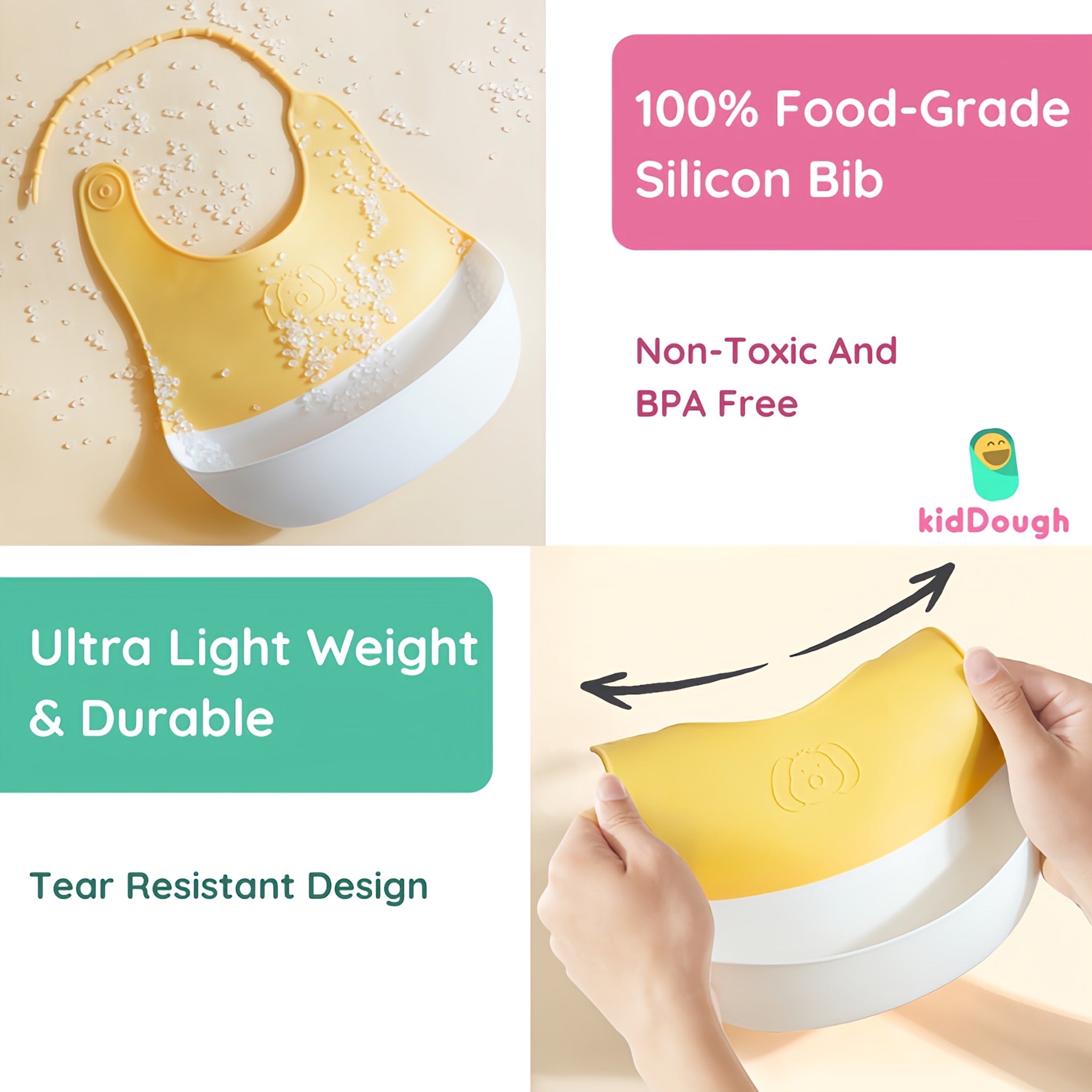 KidDough Silicone Baby Bib for Feeding & Weaning Babies & Toddlers | Waterproof, Washable & Reusable - Feeding Bibs