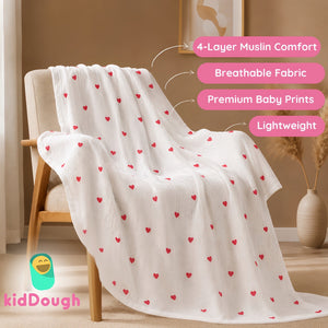 KidDough Ultra-Soft Muslin Baby Blanket for All-Seasons | Soft, Breathable, Lightweight Baby Quilt, Receiving Blanket, Bath Towel, Stroller Cover | 105x105cm for 0-2 Years (Hearts) - Baby Blankets & Quilts