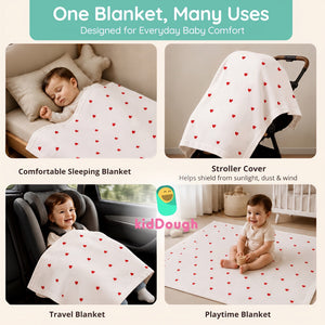 KidDough Ultra-Soft Muslin Baby Blanket for All-Seasons | Soft, Breathable, Lightweight Baby Quilt, Receiving Blanket, Bath Towel, Stroller Cover | 105x105cm for 0-2 Years (Hearts) - Baby Blankets & Quilts