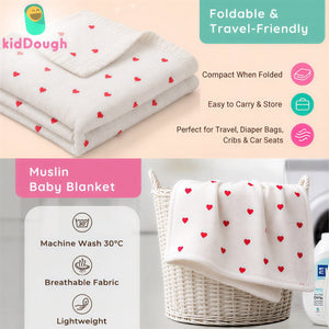 KidDough Ultra-Soft Muslin Baby Blanket for All-Seasons | Soft, Breathable, Lightweight Baby Quilt, Receiving Blanket, Bath Towel, Stroller Cover | 105x105cm for 0-2 Years (Hearts) - Baby Blankets & Quilts