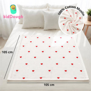 KidDough Ultra-Soft Muslin Baby Blanket for All-Seasons | Soft, Breathable, Lightweight Baby Quilt, Receiving Blanket, Bath Towel, Stroller Cover | 105x105cm for 0-2 Years (Hearts) - Baby Blankets & Quilts