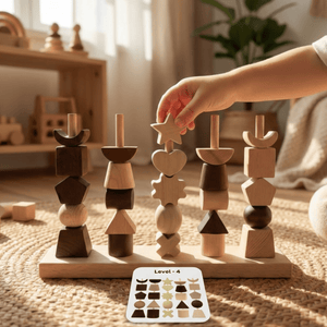 Kidocoo Wooden Stacking & Thread Toy With Different Shapes - Stacker
