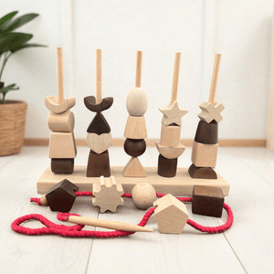 Kidocoo Wooden Stacking & Thread Toy With Different Shapes - Stacker