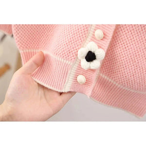 Kids Baby Pink Knitted Cardigan V neck Sweater with Flower Buttons - 2 - 3 Years Winter Wear