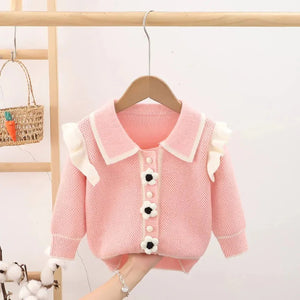 Kids Baby Pink Knitted Cardigan V neck Sweater with Flower Buttons - 2 - 3 Years Winter Wear