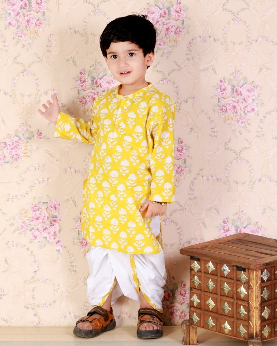 Kids Ethnic Set-Yellow Block Print Dhoti Kurta Boys Set with Floral Print Girls Anarkali Kurta Sharara Set With Dupatta - DK2-YBFPS