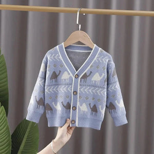 Kids Light Blue Camel Troop, Cardigan V neck Sweater - 1 - 2 Years Winter Wear