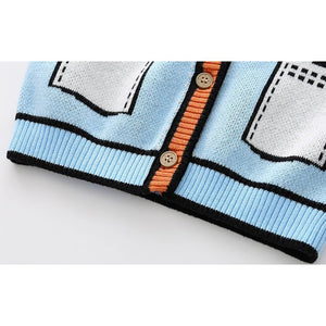 Kids Light Blue with Striking Orange Cardigan Sweater V neck - 1 - 2 Years Winter Wear