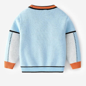 Kids Light Blue with Striking Orange Cardigan Sweater V neck - 1 - 2 Years Winter Wear