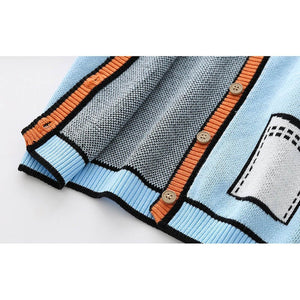 Kids Light Blue with Striking Orange Cardigan Sweater V neck - 1 - 2 Years Winter Wear
