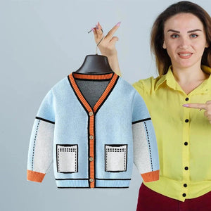 Kids Light Blue with Striking Orange Cardigan Sweater V neck - 1 - 2 Years Winter Wear