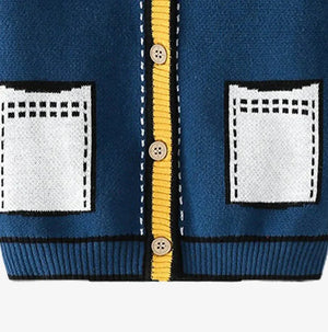 Kids Navy Blue with Striking Mustard Stripes Cardigan Sweater V neck - 1 - 2 Years Winter Wear