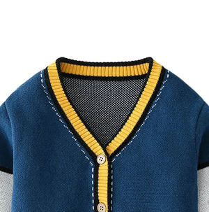 Kids Navy Blue with Striking Mustard Stripes Cardigan Sweater V neck - 1 - 2 Years Winter Wear