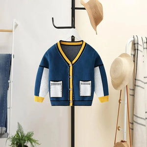 Kids Navy Blue with Striking Mustard Stripes Cardigan Sweater V neck - 1 - 2 Years Winter Wear
