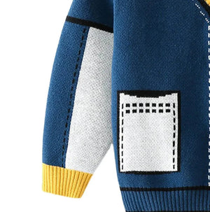 Kids Navy Blue with Striking Mustard Stripes Cardigan Sweater V neck - 1 - 2 Years Winter Wear