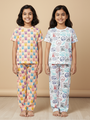 Kids Pajama Set Combo of 2 Baby Pyjamas Set - Bedtime Buddies & Wander & Wonder - 0 - 6 Months Baby Pyjamas Set