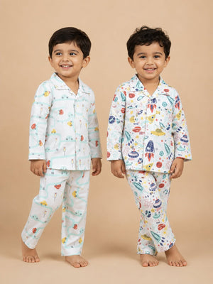 Kids Pajama Set Combo of 2- City Drive & Tour to the Space - 0-6 Months Baby Pyjamas Set