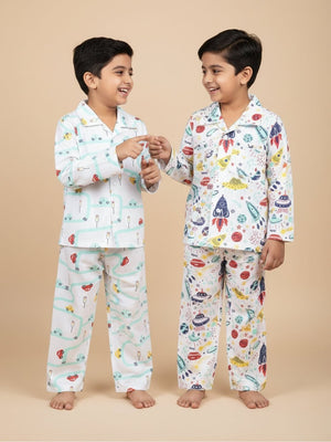 Kids Pajama Set Combo of 2 - City Drive & Tour to the Space - 0 - 6 Months Baby Pyjamas Set