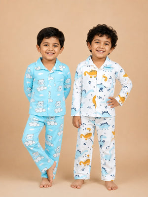 Kids Pajama Set Combo of 2- Dino Trip & Hello Bear - 0-6 Months Baby Pyjamas Set