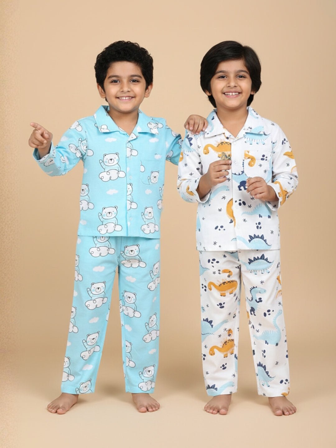 Kids Pajama Set Combo of 2 - Dino Trip & Hello Bear - 0 - 6 Months Baby Pyjamas Set