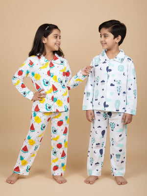 Kids Pajama Set Combo of 2 - Fruity Cutie & Up in the Air - 0 - 6 Months Baby Pyjamas Set