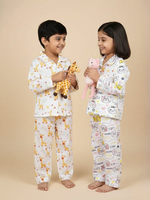 Kids Pajama Set Combo of 2 - Tall as a Giraffe & Meow Meow - 0 - 6 Months Baby Pyjamas Set