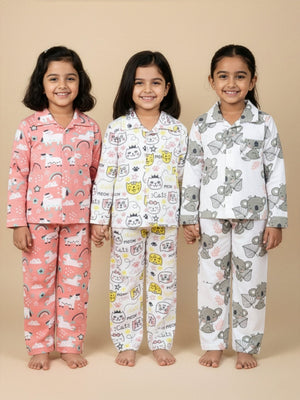 Kids Pajama Set Combo of 3 - Baby Koala, Magical Unicorn & Meow Meow - 0 - 6 Months Baby Pyjamas Set