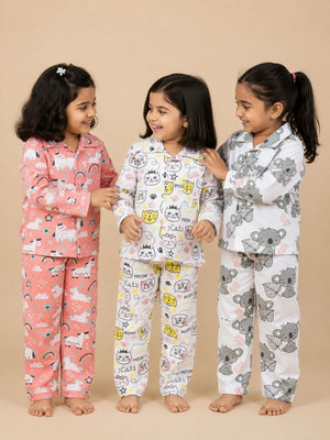 Kids Pajama Set Combo of 3 - Baby Koala, Magical Unicorn & Meow Meow - 0-6 Months Baby Pyjamas Set