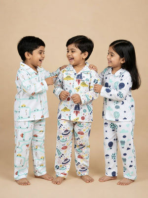 Kids Pajama Set Combo of 3 - City Drive, Tour to Space & Up in the Air - 0-6 Months Baby Pyjamas Set