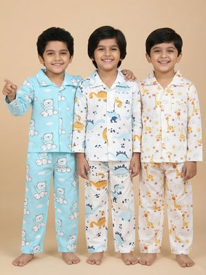 Kids Pajama Set Combo of 3 - Dino Trip, Hello Bear & Tall as a Giraffe - 0 - 6 Months Baby Pyjamas Set
