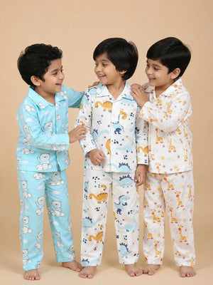 Kids Pajama Set Combo of 3 - Dino Trip, Hello Bear & Tall as a Giraffe - 0-6 Months Baby Pyjamas Set