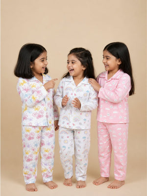 Kids Pajama Set Combo of 3-Spring Wings, Sunshine & Rainbow & Cutey Bunny - 0-6 Months Baby Pyjamas Set