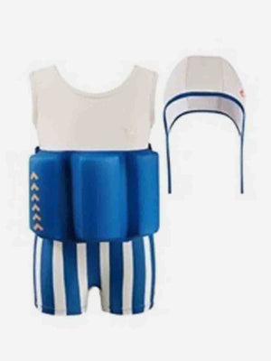 Little Surprise Box White & Blue Stripes Kids Swimsuit with attached Swim Floats +tie up cap in UPF 50+ - LSB-SW-WHTBLUSTRPFLOAT110