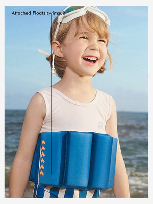 Kids Swimsuit with Swim Floats and UPF 50+ Cap - White & Blue Stripes Surprise Box - Kids Swimwear