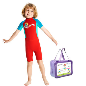 Knee Length Dive Red & Teal Green Printed Kids Swimwear In Upf 50+ Fabric with Free Washbag - 3 - 4 Years Swim