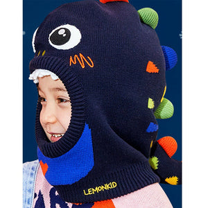 Knitted Dino Mini Heart themed Winter Cap covering Neck , Ears and Head - Winter Wear