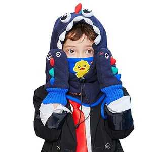 Knitted Dino Mini Heart themed Winter Cap covering Neck , Ears and Head - Winter Wear