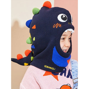 Knitted Dino Mini Heart themed Winter Cap covering Neck , Ears and Head - Winter Wear