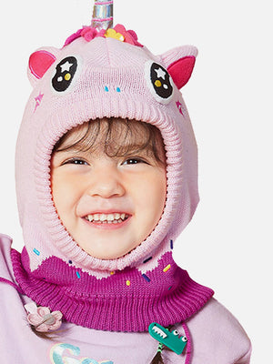 Knitted Pink Border Unicorn theme Winter Cap covering Neck , Ears and Head - Winter Wear