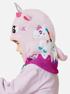 Knitted Pink Border Unicorn theme Winter Cap covering Neck , Ears and Head - Winter Wear