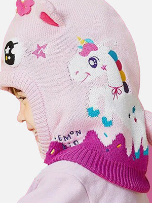 Knitted Pink Border Unicorn theme Winter Cap covering Neck , Ears and Head - Winter Wear