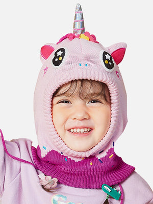 Knitted Pink Border Unicorn theme Winter Cap covering Neck , Ears and Head - Winter Wear