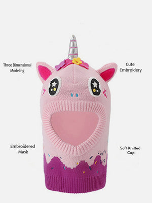 Knitted Pink Border Unicorn theme Winter Cap covering Neck , Ears and Head - Winter Wear