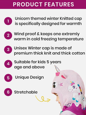 Knitted Pink Border Unicorn theme Winter Cap covering Neck , Ears and Head - Winter Wear