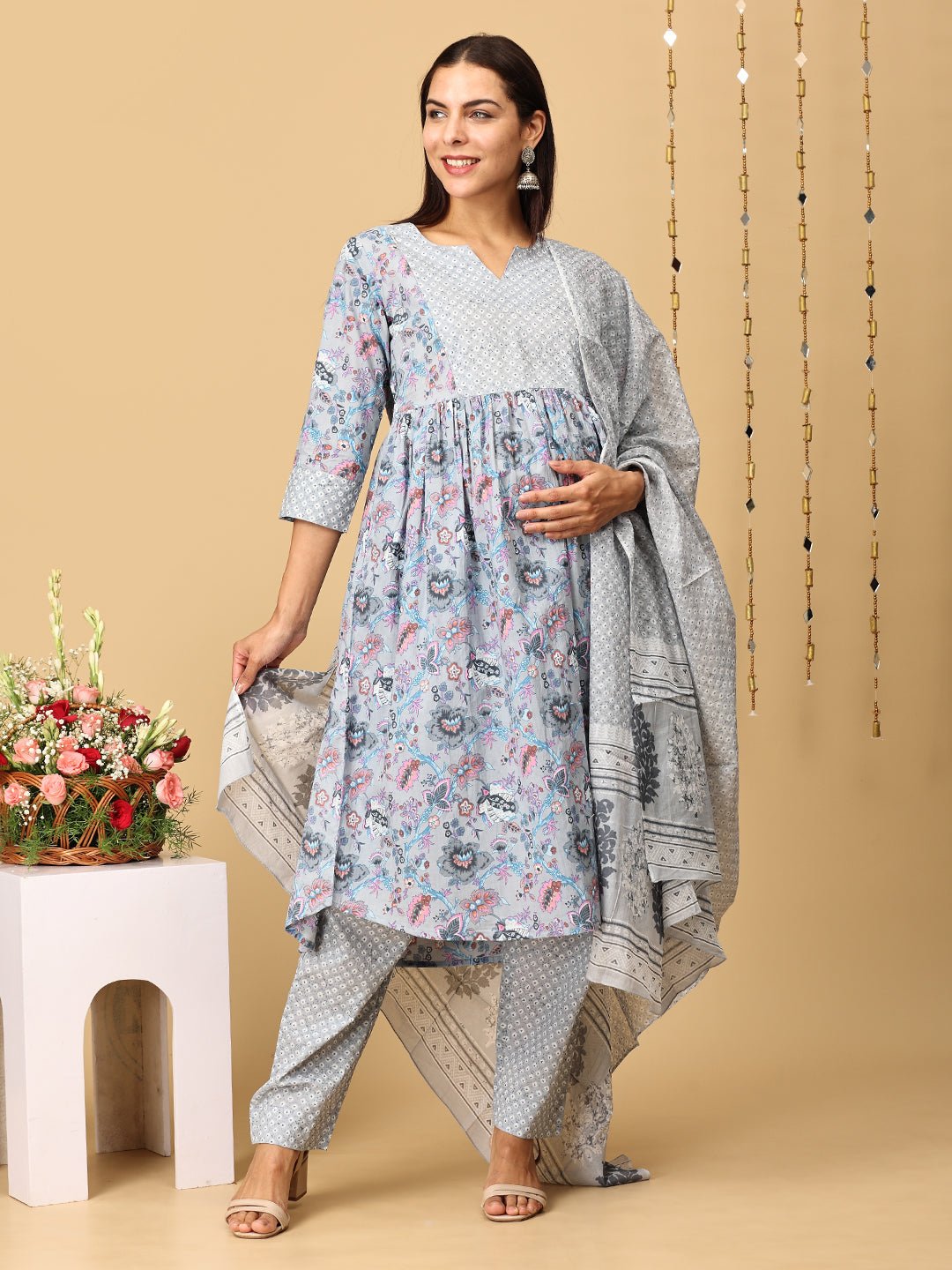 Koyla Grey Maternity and Nursing Kurta Set With Dupatta - MEW - SK - KOYG - S