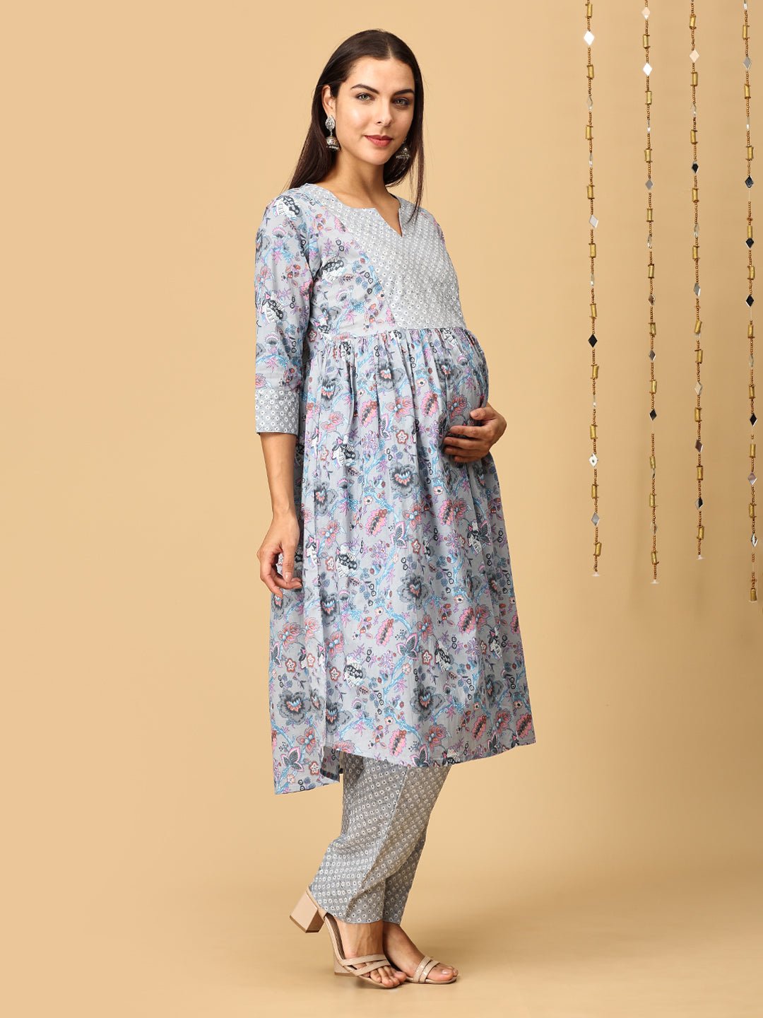 Koyla Grey Maternity and Nursing Kurta Set With Dupatta - MEW - SK - KOYG - S