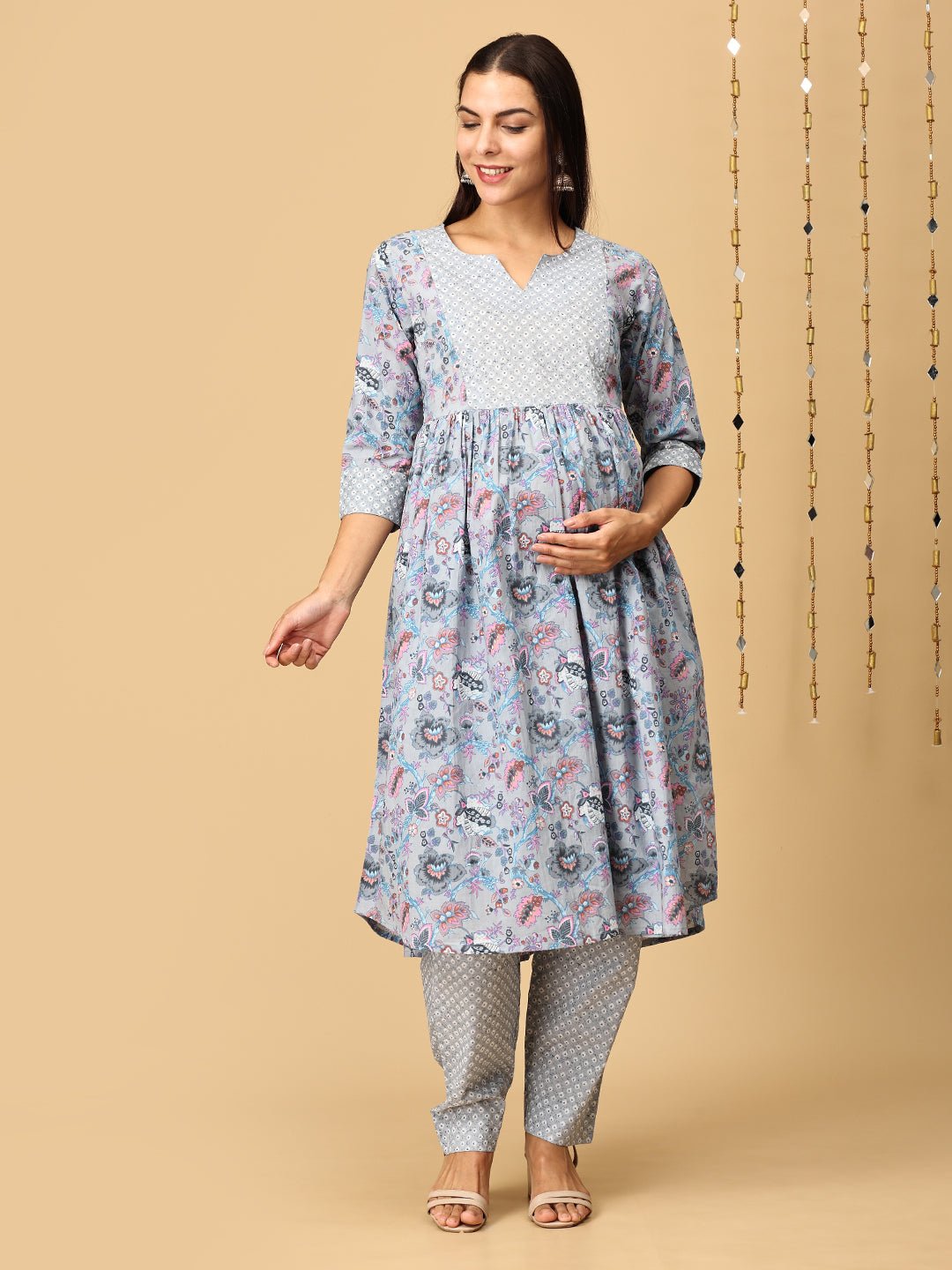 Koyla Grey Maternity and Nursing Kurta Set With Dupatta - MEW - SK - KOYG - S